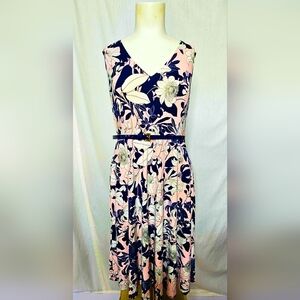Tommy Hilfiger Pink & Dark Navy Floral‎ Sleeveless Belted A-Line Dress Size M